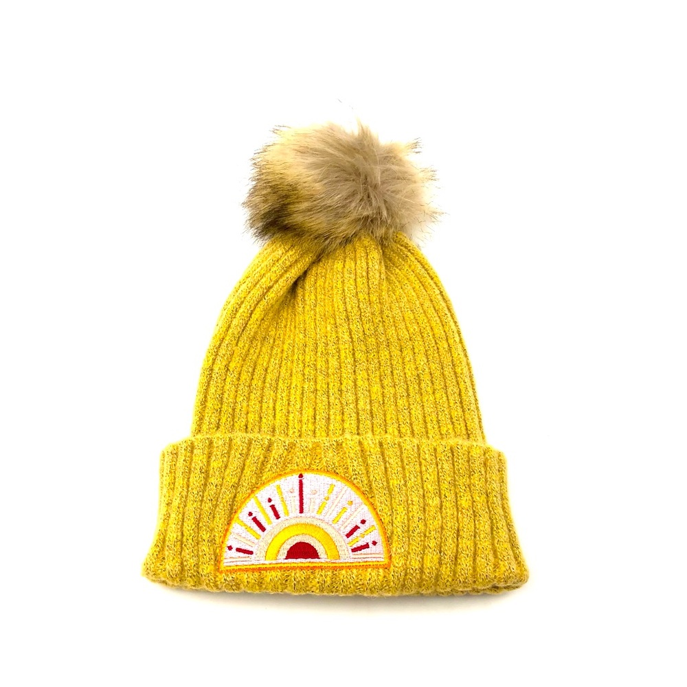 Virginia Wolf NEW Gold Sunray Beanie hat Faux Fur pompon